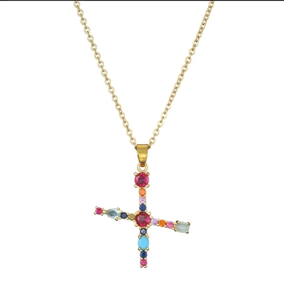 X Initial Pendant Necklace Multi-color Rhinestones Gold Tone Chain - Picture 13 of 16